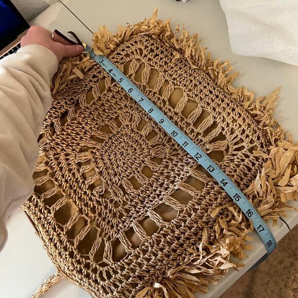 MW Tan Natural Fiber Straw Fringe Raffa Crochet Square Tote Shoulder Bag - Picture 10 of 13